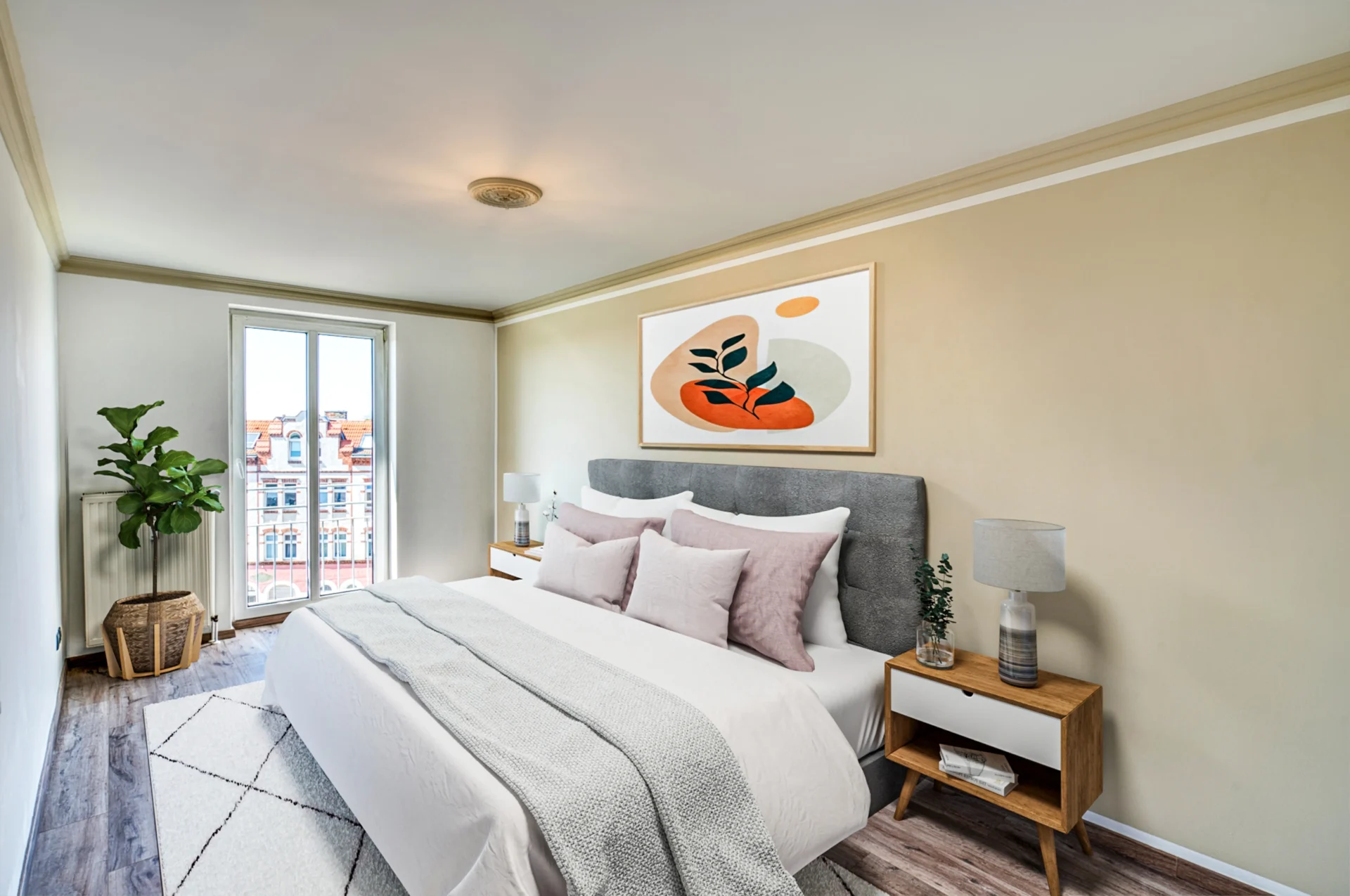 Virtuelle Umgestaltung und Staging – digitales Renovierungsbeispiel für Immobilienvermarktung. Ein digital eingerichtetes Schlafzimmer.
