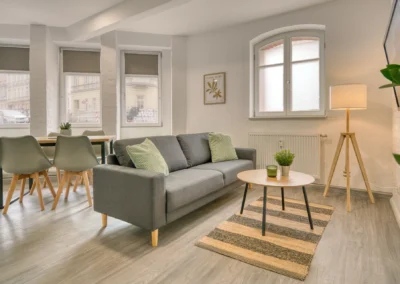 Modernes Wohnzimmer in Leipzig mit großem Sofa und stilvollen Dekorelementen. Fotograf für Ferienwohnungen