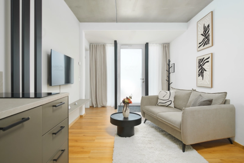 Ferienwohnung Airbnb Leipzig Zentrum Bayerischer Bahnhof - Maison and Mood3 Wohn und Essbereich mit moderner Sofa, Raumteiler und Wandboard