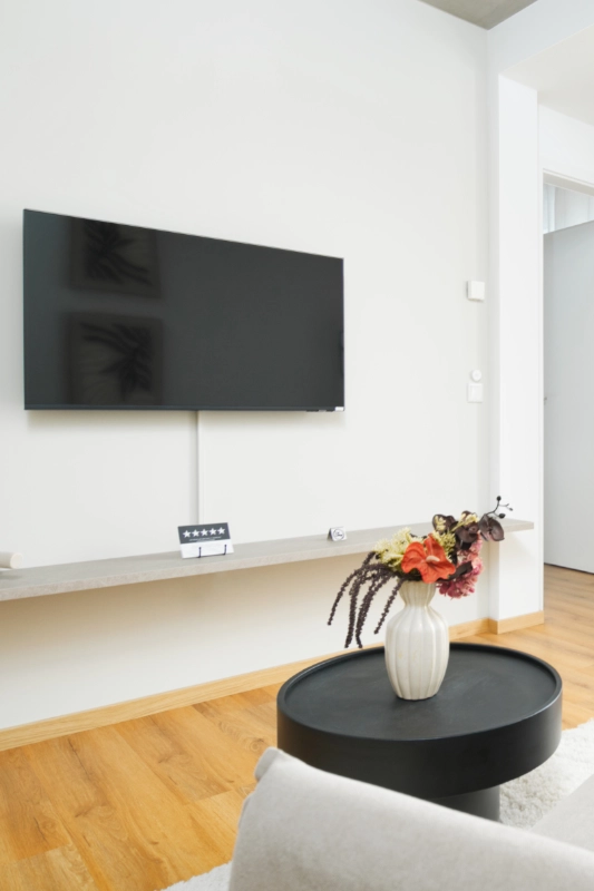 Ferienwohnung Airbnb Leipzig Zentrum Bayerischer Bahnhof - Maison and Mood4_2 Blick auf den Fernseher an der Wand mit Lowboard und Beistelltisch